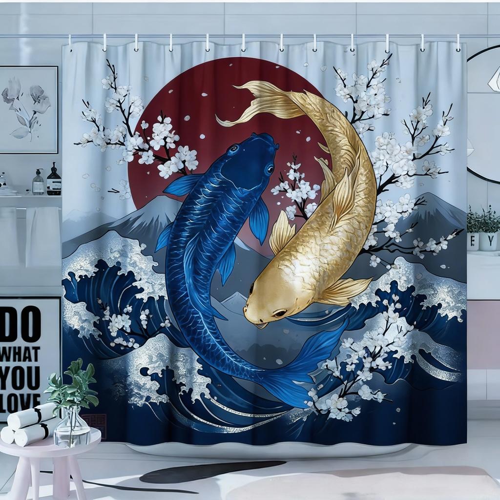 1pc Japanese Ukiyoe Koi Shower Curtain, Cherry Blossom, Red Sun, Snow Mountain Pattern, Easy to Hang, Fashionable Bathroom Decor