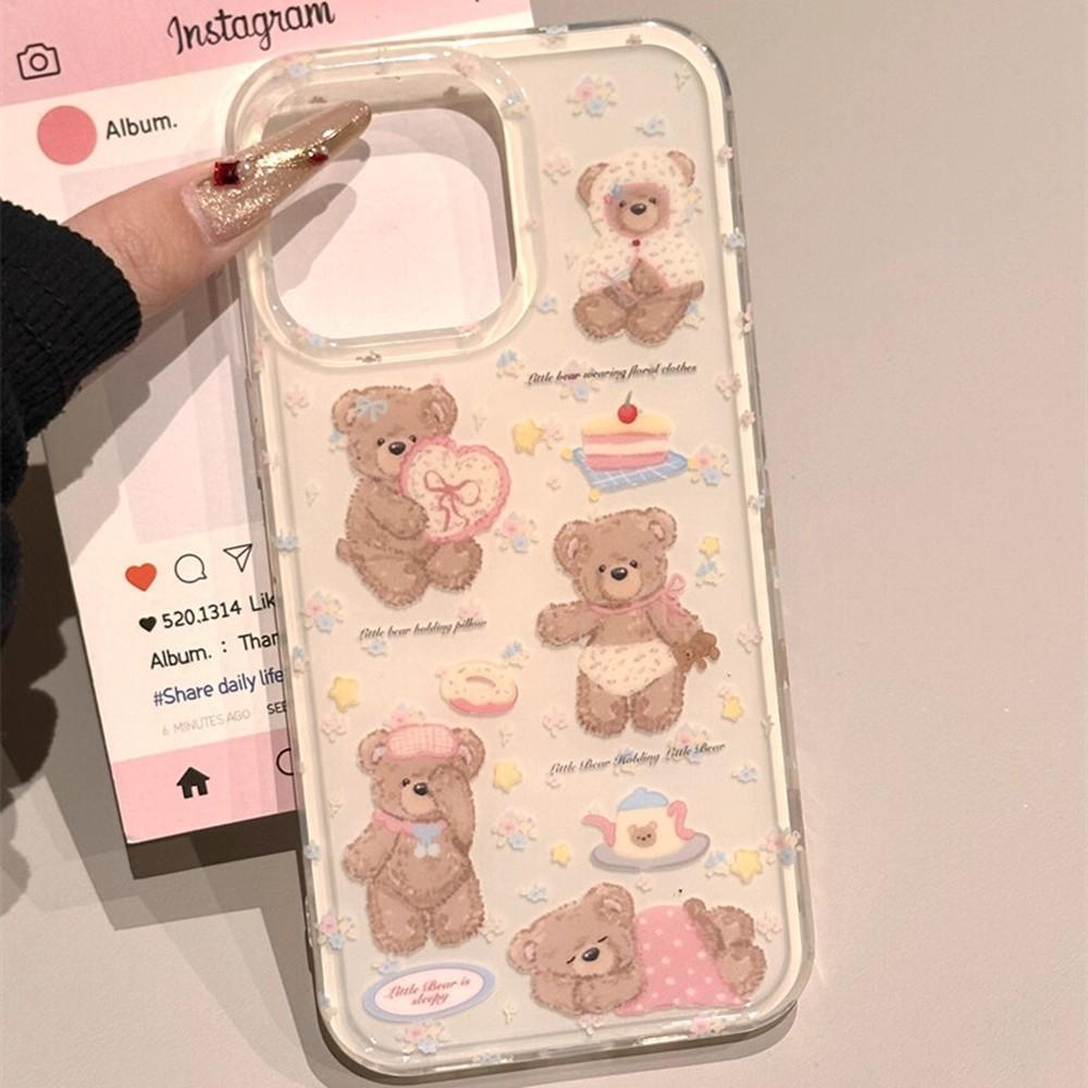 Korean High-end Floral Five Plush Brown Bear Stand for Apple 17 Phone Case for IPhone 16 Promax