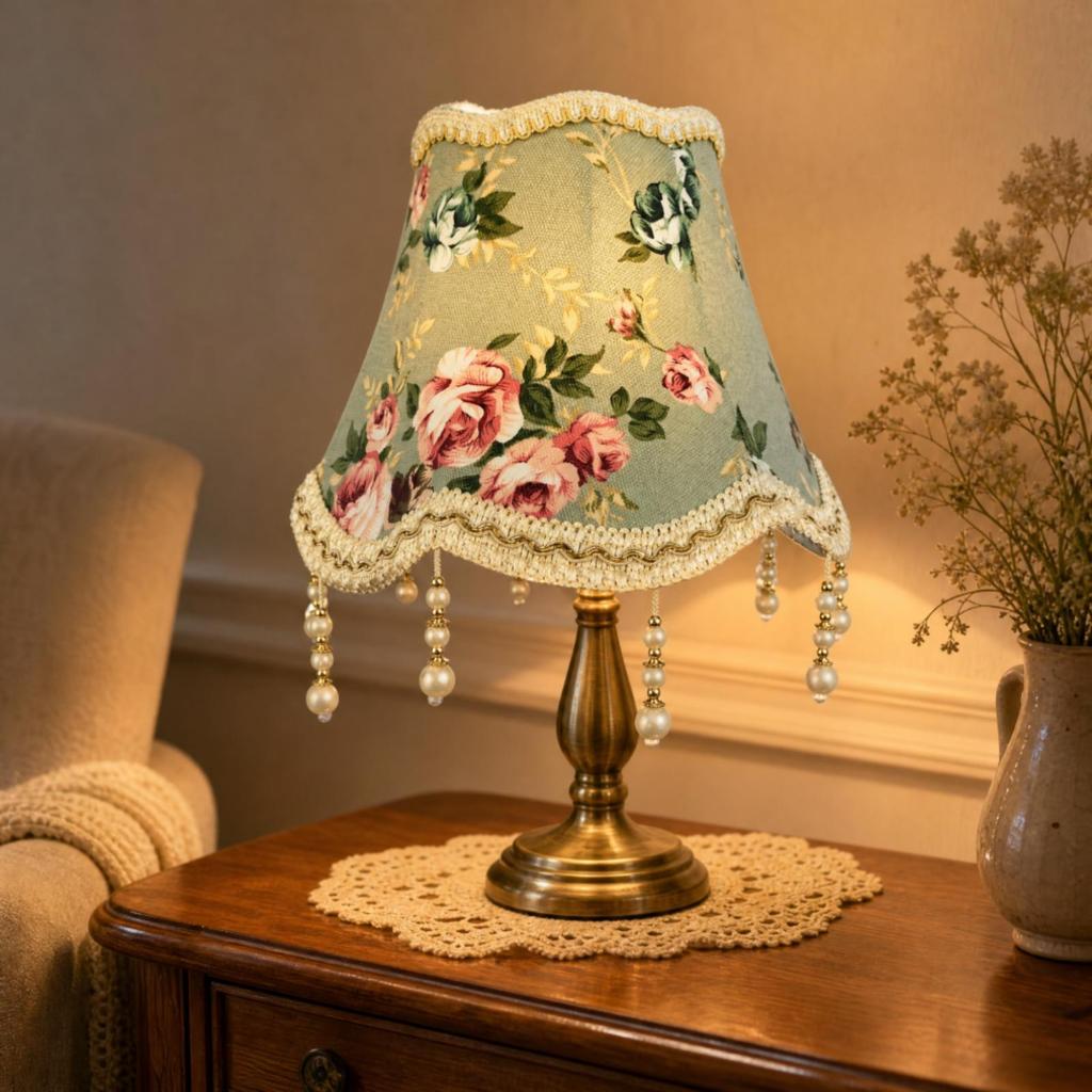 Floral Jacquard Lampshade Light Green with Hanging Bead Ornaments Tapered for Bedside