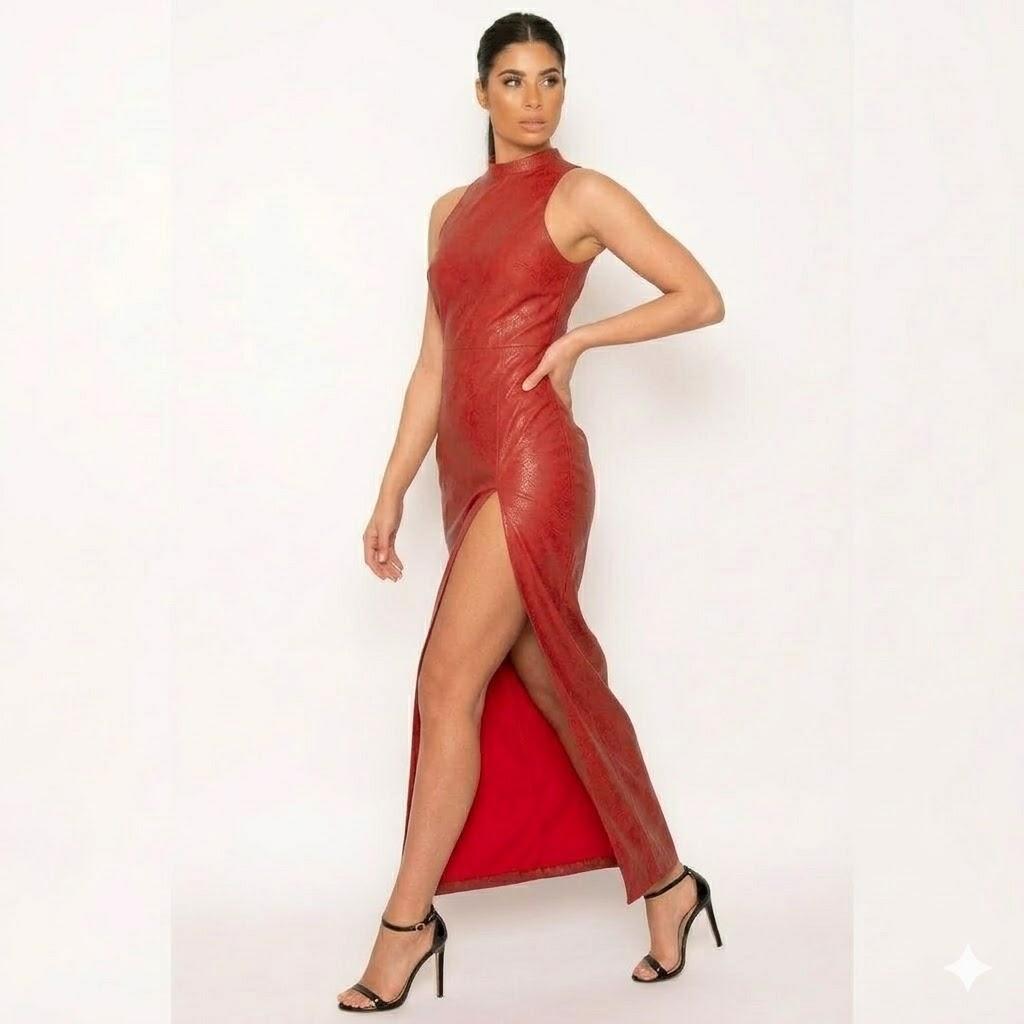 Stylish Cocktail Party Handmade Designer Women's Red Leather Dress Fashionable