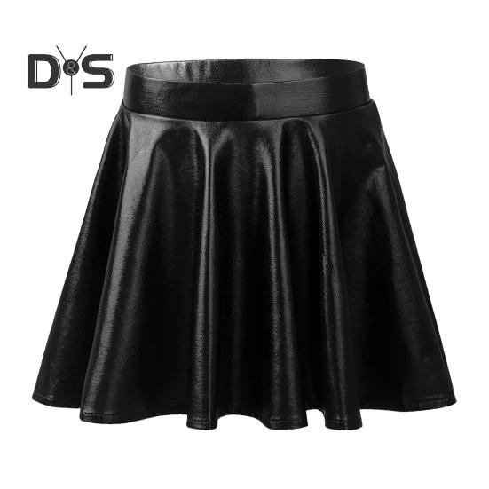 Women Skater Skirt High-Waisted Shiny Metallic Patent Faux Leather Texture Party Skirt Slimming Versatile Mini Skirt