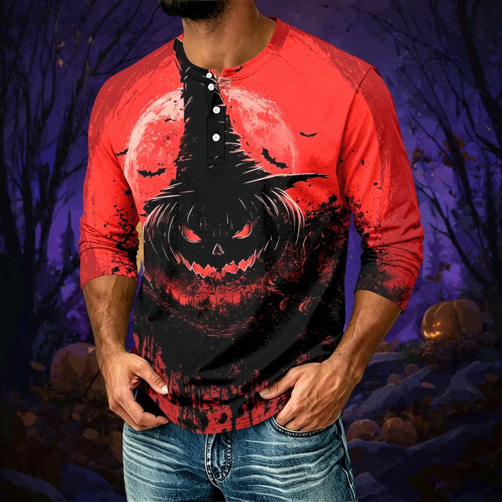 Men's Casual Halloween Print Raglan Three-Quarter Sleeve Shirt