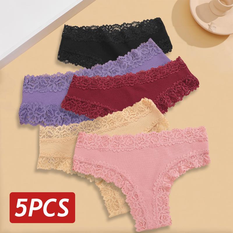 5 STÜCKE/Set Damen Spitze Nahtlose Baumwollslips Sexy Brazilian Hosen Gerippt Atmungsaktiv Mädchen Unterwäsche Weich Übergröße Dessous S-XL