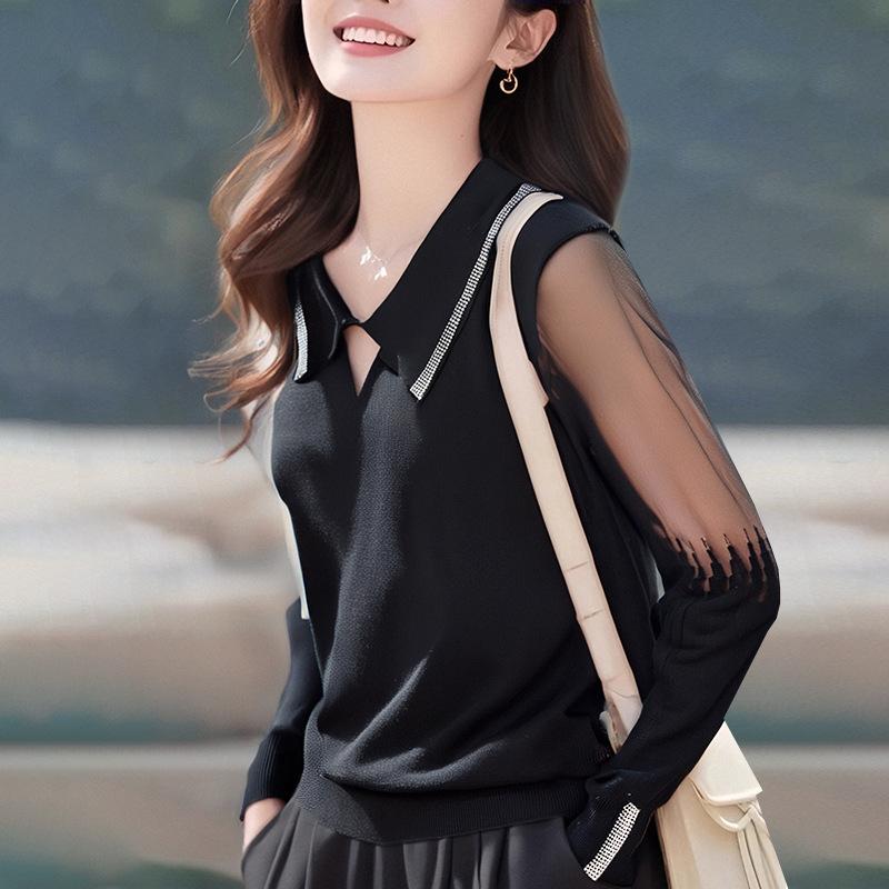 

Весенне-летний трикотажный свитер с длинным рукавом и лацканами, женская кружевная футболка one size fits all чёрный