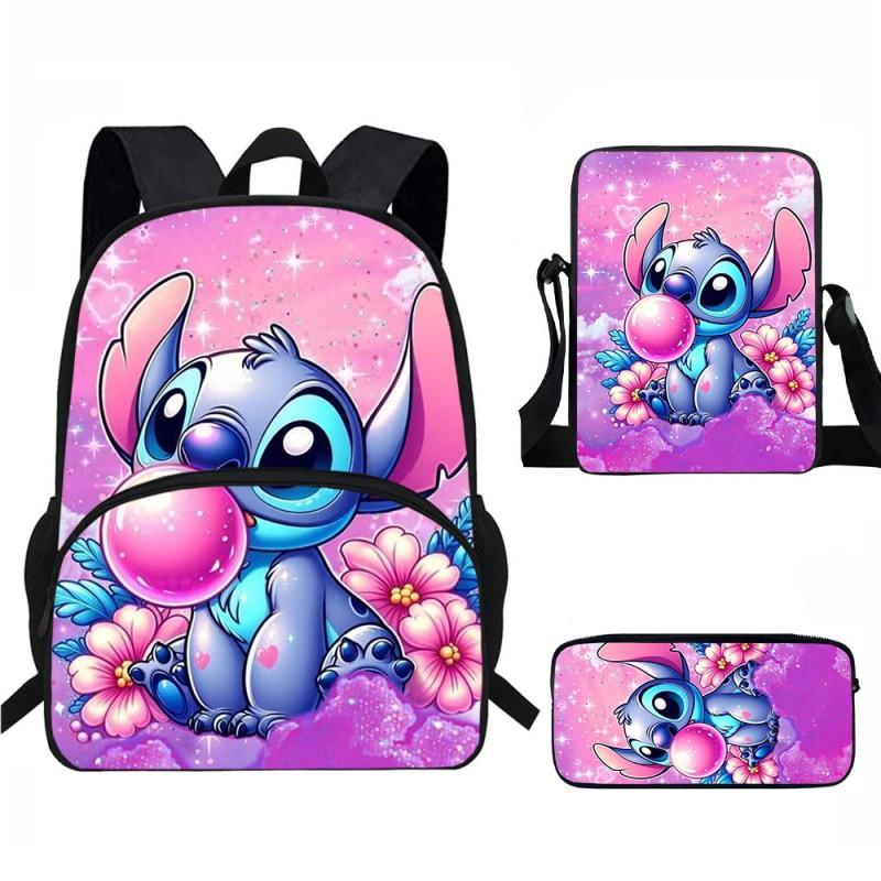 Stitch Kids School Backpack Set Elementary Students Oxford Fabric Ergonomic Design Printed Cartoon 3-Piece Bundle