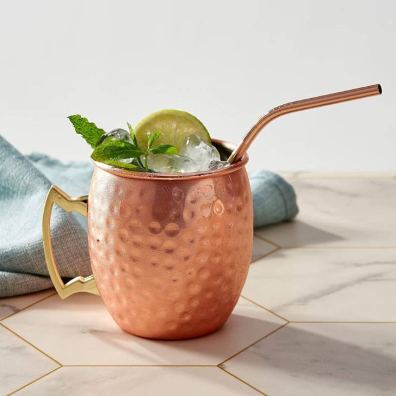 Rose Gold Cocktail Glass With Hammered Style And Stainless Steel Straw For Home Bar Decor