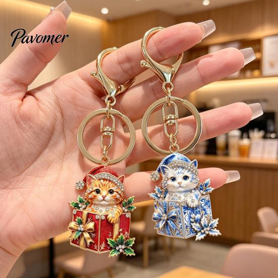 Decorative Purse Pendant Christmas Gift Box Cat Keychain, Bling Rhinestone Kitten Keyring Keychain Pendant, Backpack Handbag Accessory for Holiday