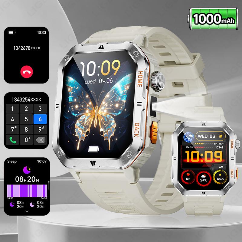 

Men Smart Watch For Android IOS 1000mAh Flashlight 3ATM Waterproof Fitness Watches Voice Bluetooth Call 2.01 HD Smartwatch бежевый
