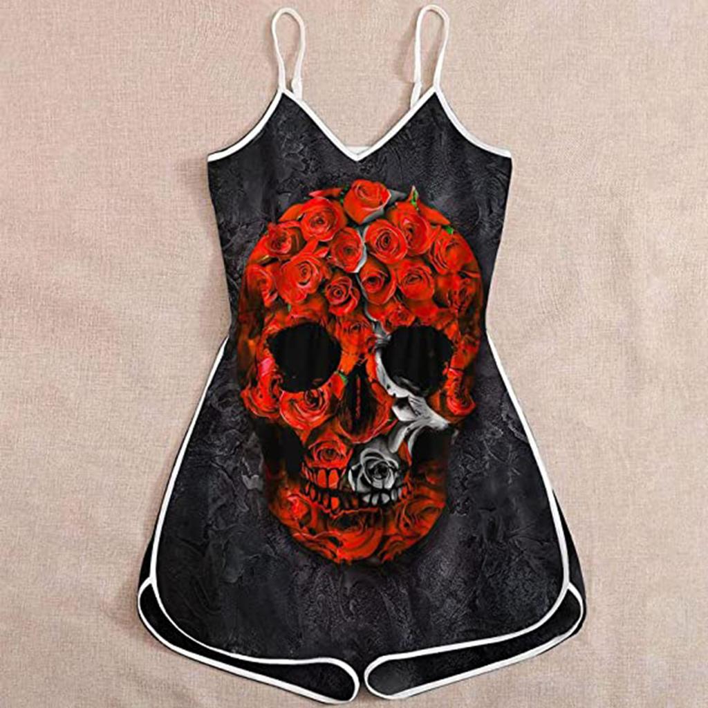 Wish Halloween print lady skull suspender jumpsuit