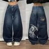Jeans in Denim Larghi Hip Hop Y2K Uomo Donna Oversize Tasche Cargo Stampa Vita Media Cotone Elasticizzato