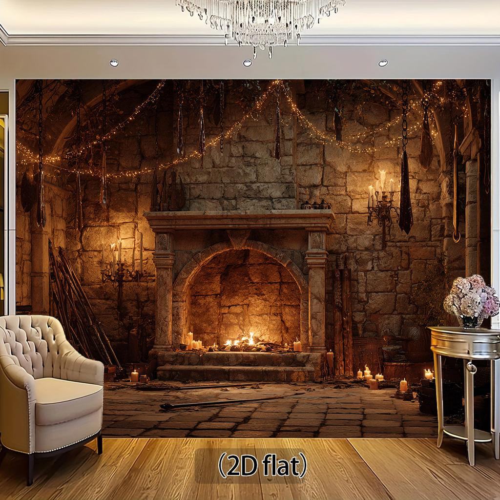1 pezzo di tessuto di sfondo per banner a tema Halloween piatto 2D, design camino del castello, decorazione di Halloween, non richiede alimentazione——sjs