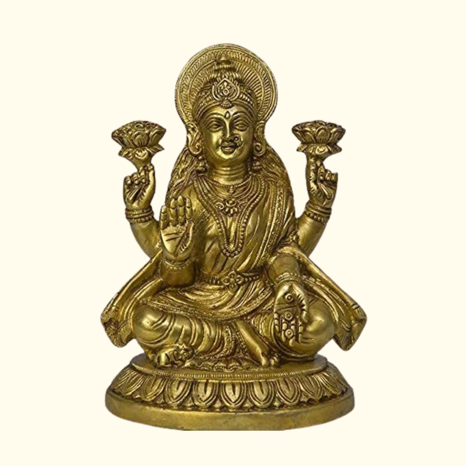 Ashtadhatu Shri Maha Lakshmi Idol, Laxmi Mata Murti 8 Metals, Brass, Gold -15 Cm