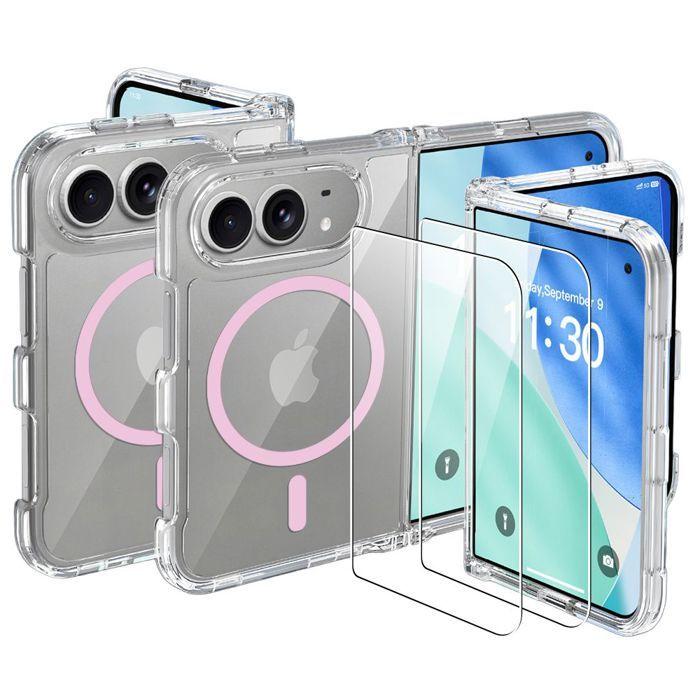 Case for iPhone Duo, Transparent Protection with Pink Magnetic Circle - 2 Tempered Glasses