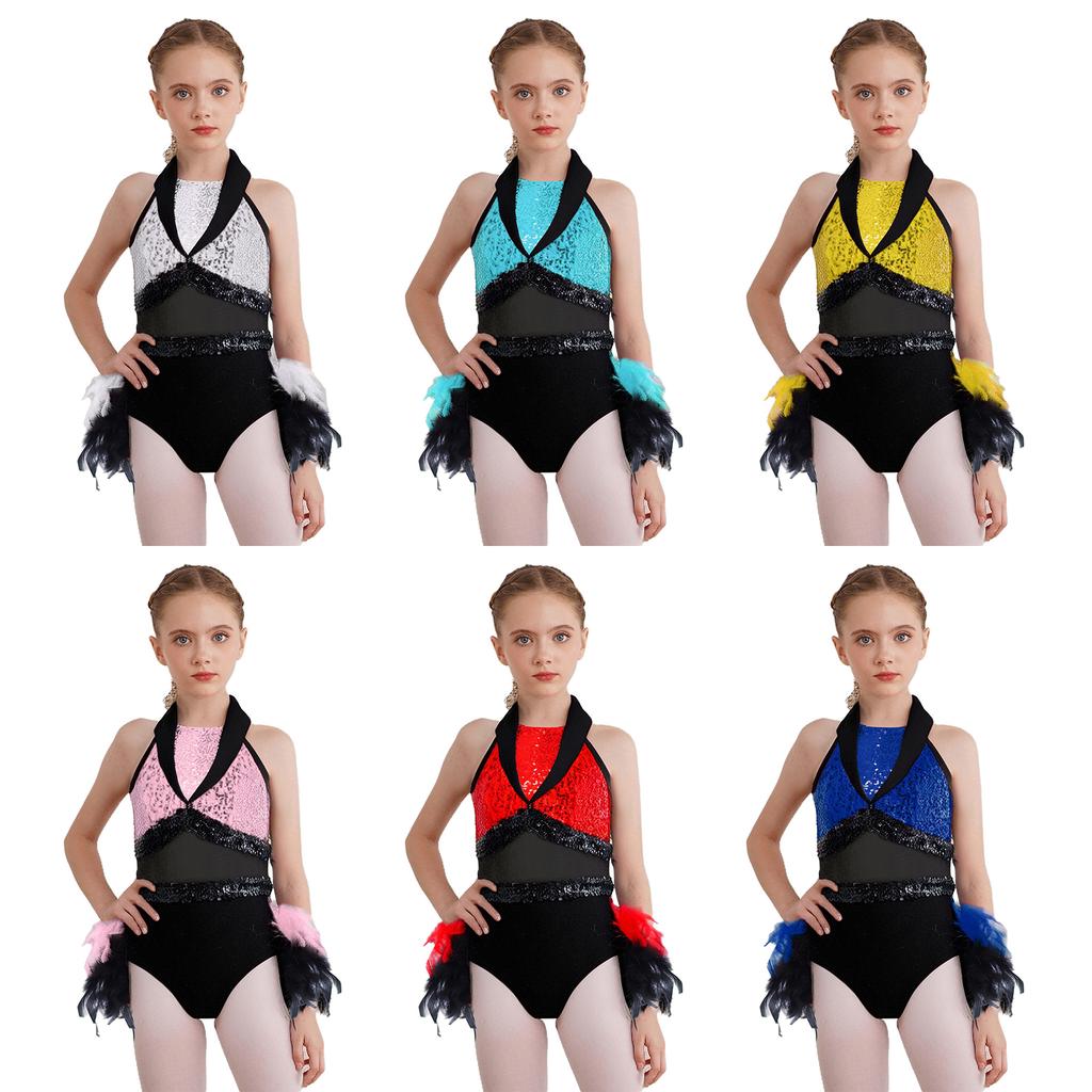 Girls Jazz Dance Leotard Turn-Down Collar Sleeveless Sheer Mesh Keyhole Back Shiny Sequins Feather