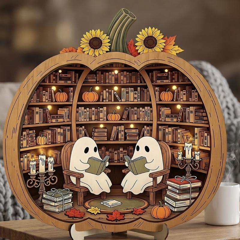 Entry Table Pumpkin Decoration with Wooden Body, Center Scene, and Double Board Build for Shelf and Indoor Holiday Use