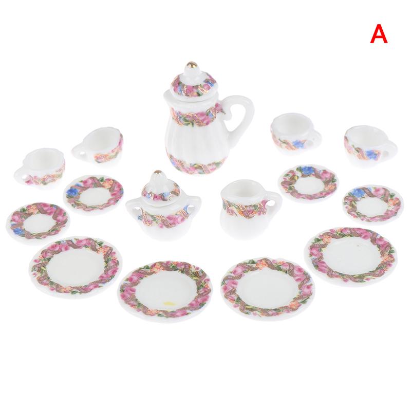 1:12 Dollhouse Miniature 17Pcs Porcelain Tea Cup Set Chintz Flower Tableware