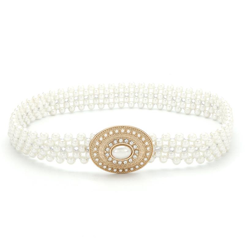 Pearl Rhinestones With Belt, Women'S Literary And Elegant Decoration, Multi-Row White Beaded Elastic Waist Chain