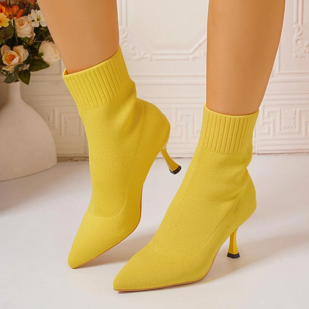 Fashion Women Boots Short High Heels Shoes for Women Autumn Winter Botas Mujer Knitted Ankle Boots Black Sock Women Heels Boots Female