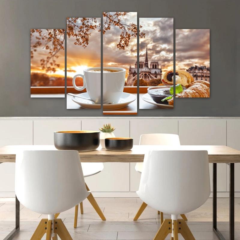 5 Panels Coffee Posters Wall Art Modern Home Decor Sunrise Canvas Prints Food Painting Tree Pictures Dining Room Restaurant