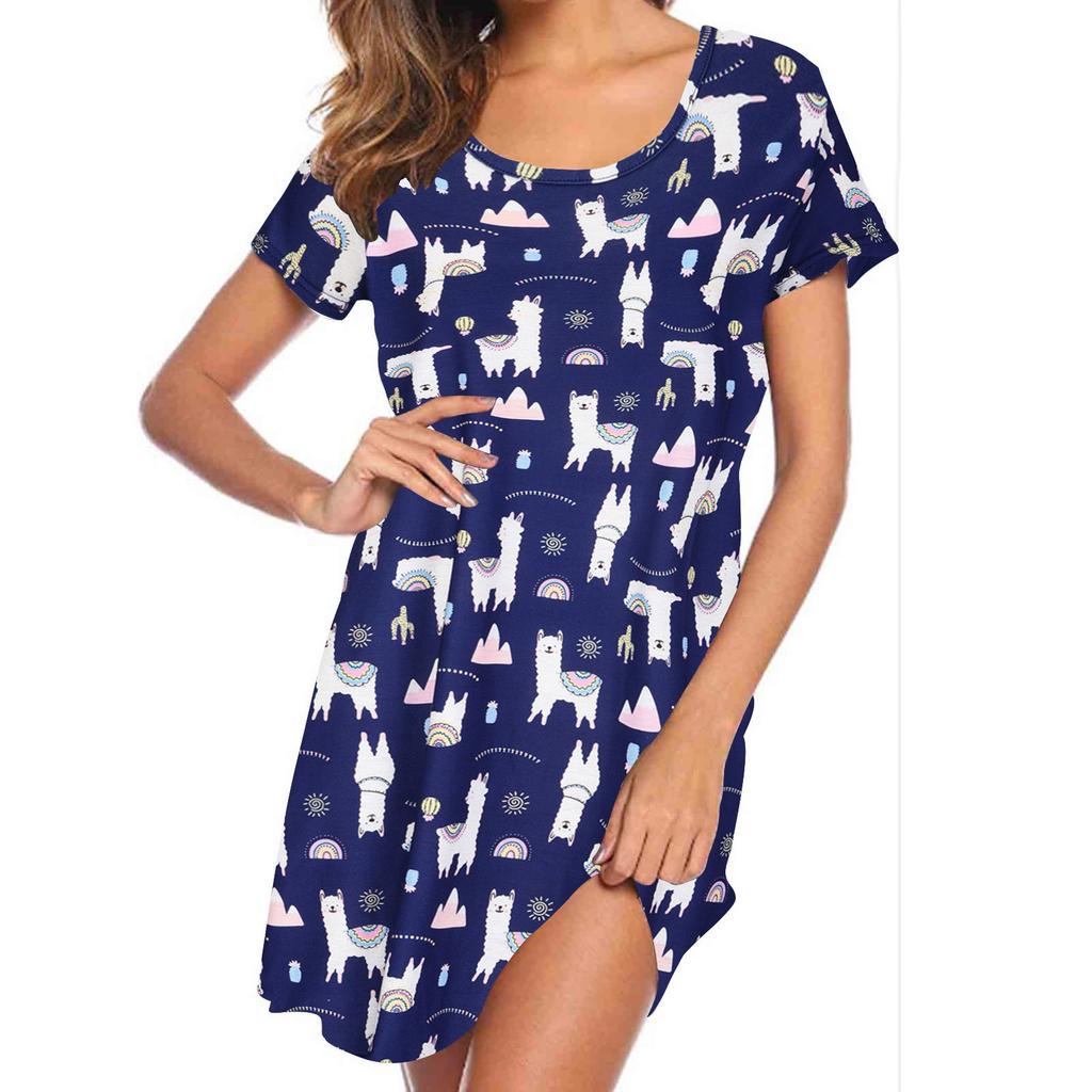 Women Short Sleeve Cartoon Print Nightgown Casual Straight Loose Home Wear Lounge Mid-length Sleep Dress