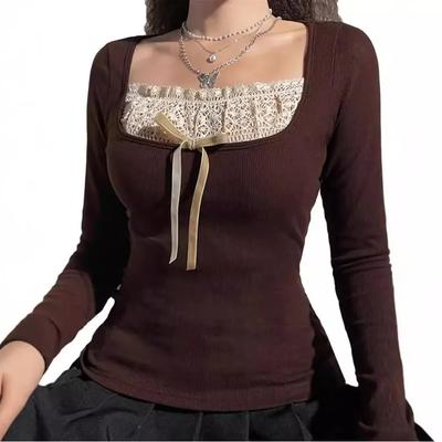 Y2k Women's Long Sleeve Knitted Tops Lace Stitching Neckline Knitwear Bowknot Decoration Slim-Fit Tshirt Pullovers Clubwear