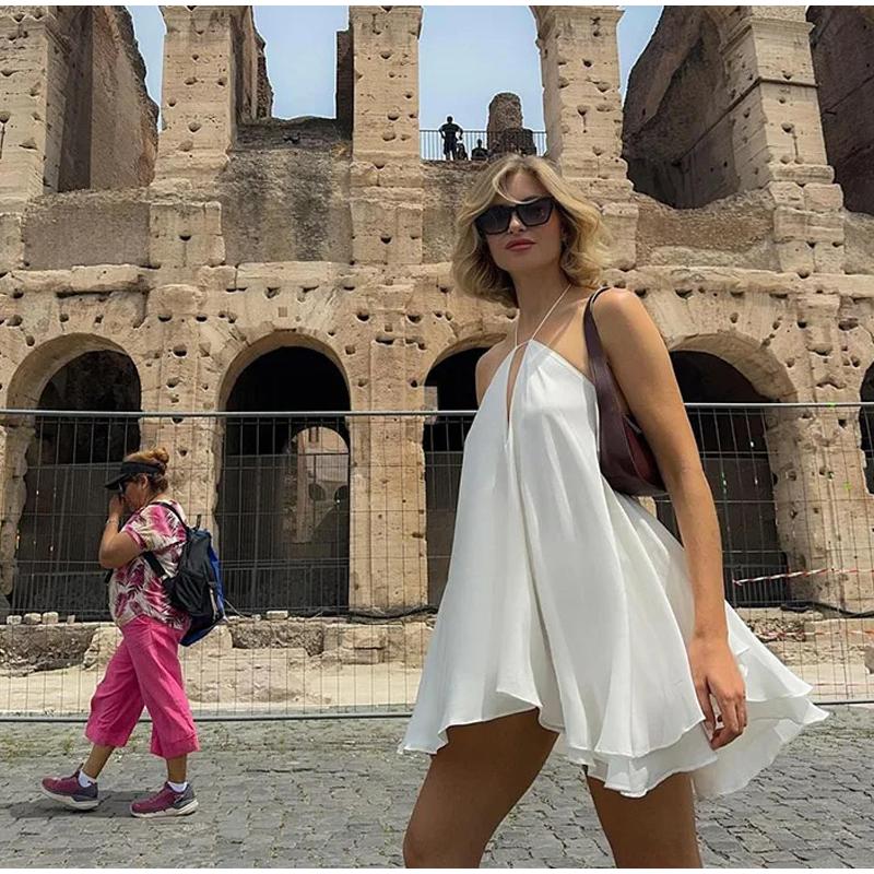 Ladies Sexy Deep V-neck Halter Suspender Dress Loose A-line Dress Skirt Party Dinner