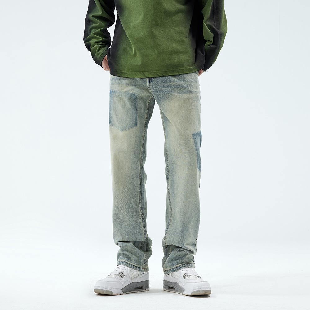 American street washed contrasting jeans men's and women's versatile retro straight-leg pants high street old casual trousers