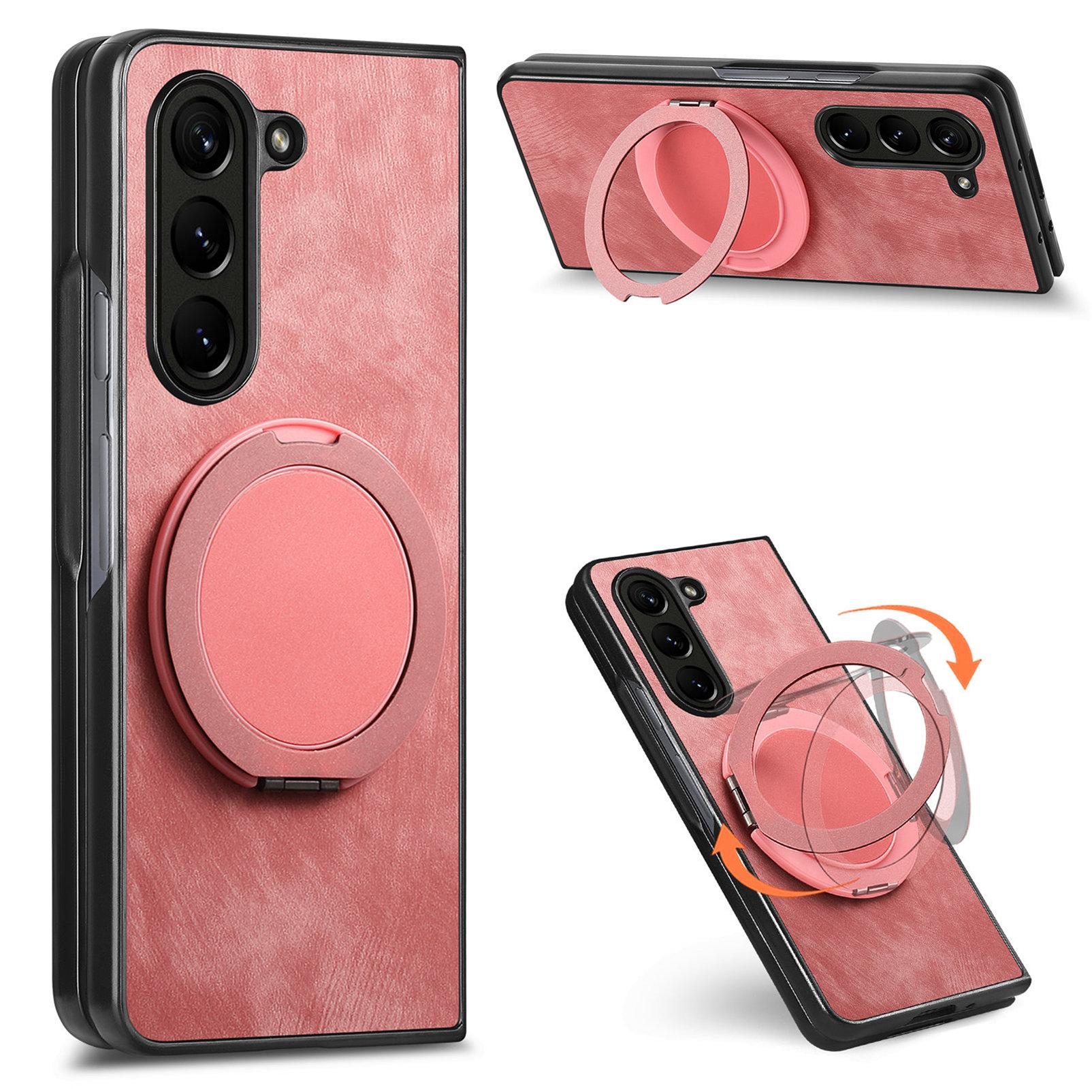 

For Samsung Galaxy Z Fold6 5G Phone Case with Rotating Kickstand Stress Relief Retro Leather Back Cover Pink