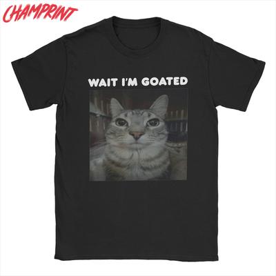Pánská Trička s Kočkou Meme 'Wait I'm Goated' Bavlněné Oblečení Vtipná Trička s Krátkým Rukávem a Kulatým Výstřihem Nápad na Dárek Trička