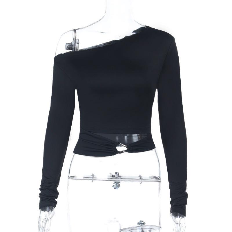 Solid Color One Shoulder Cropped Long Sleeve Hollow Out Metal Button Sexy Casual Women T Shirt