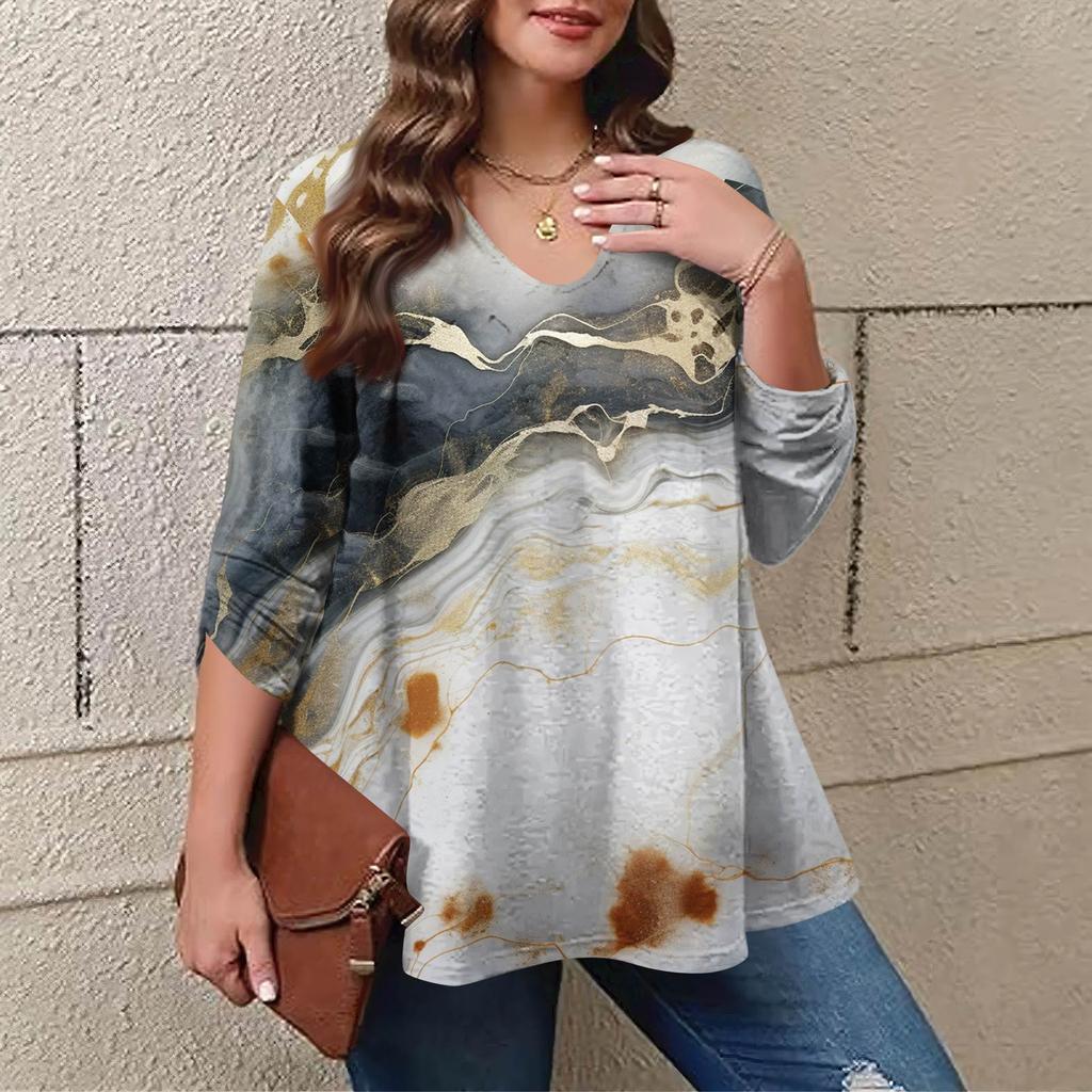 Women's Plus Size Fashion Printed Casual Pleated Round Neck Long Sleeve Top