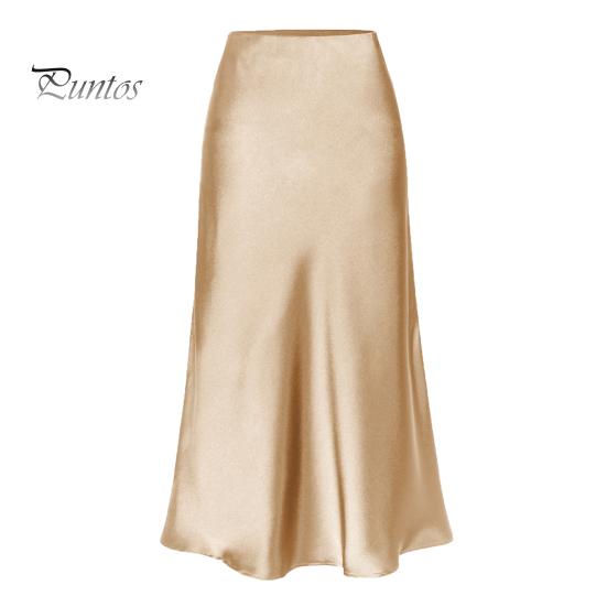 

Женская летняя юбка трапециевидной формы с высокой талией, однотонная юбка с боковым разрезом, гладкая атласная юбка до середины икры, одежда на весь день L шампанского