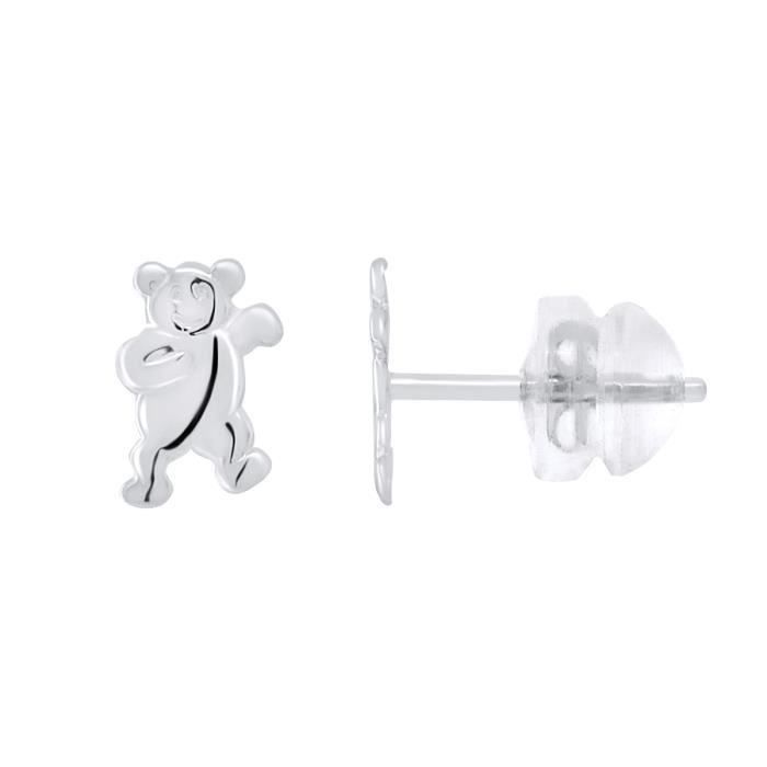 LÉA & ARTHUR - Boucles d'Oreilles Enfants Motifs NOUNOURS Or Blanc 375 Millièmes - Système Poussettes SILICONOR - Bijou Enfant