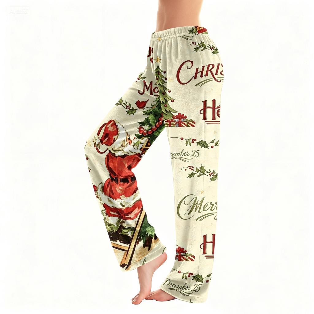 Women's Christmas Plush Pants with Snowflake and Christmas Tree Print, Cozy Sleep Pants for Home