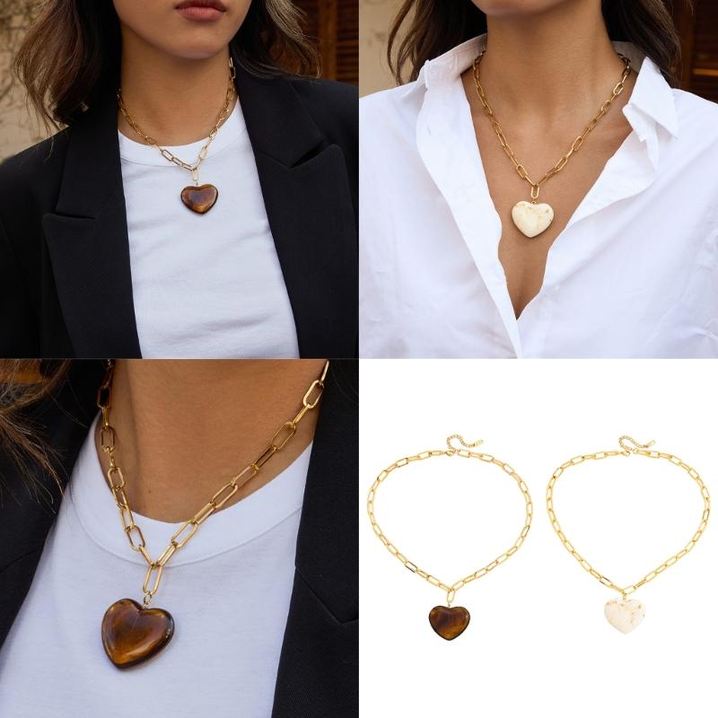 Adjustable Heart Shaped Necklace Lightweight Resin Charm Stainless Steel Chain Fashion Jewelry Gift