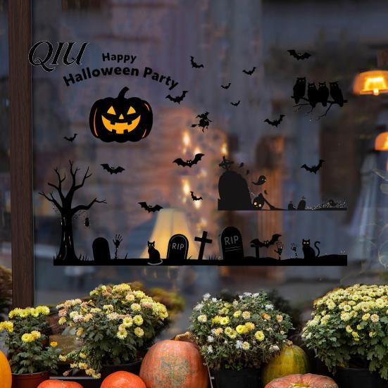 Black Halloween Silhouette Decor 3Pcs Static Window Clings, Retro Pumpkin Bat Ghost Castle Festival Atmosphere Glass Sticker Decals, Waterproof