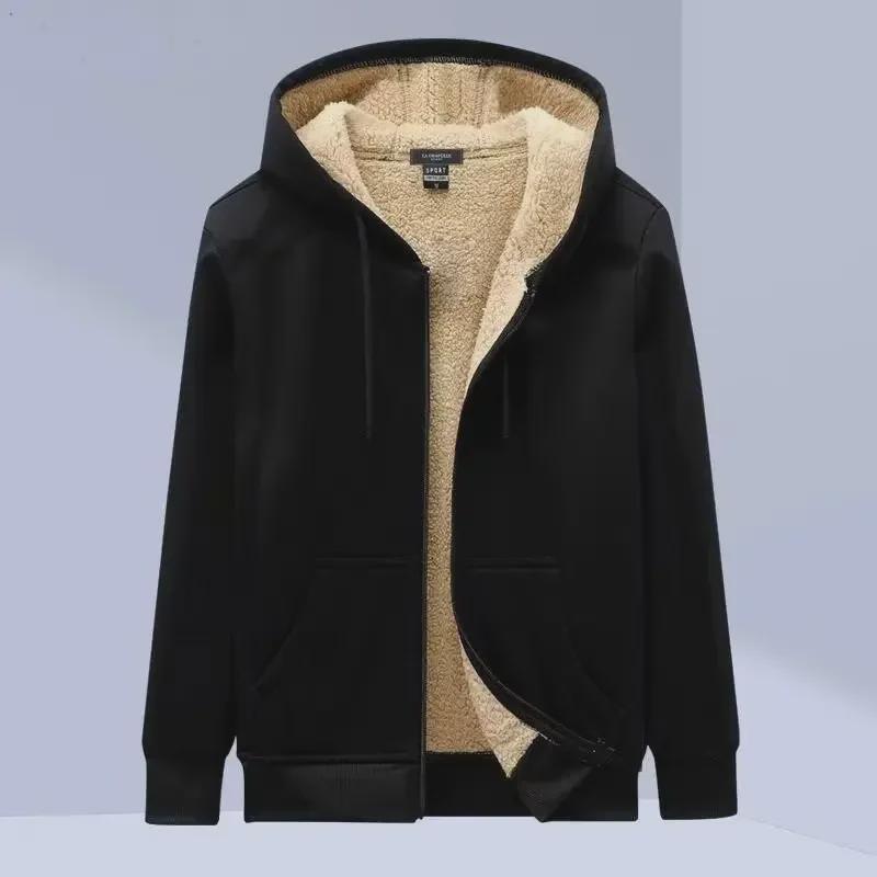 Men's Hooded Lambskin Cardigan Jacket - Japanese Style, Warm, Velvet-Lined, Loose Fit, Plus Size