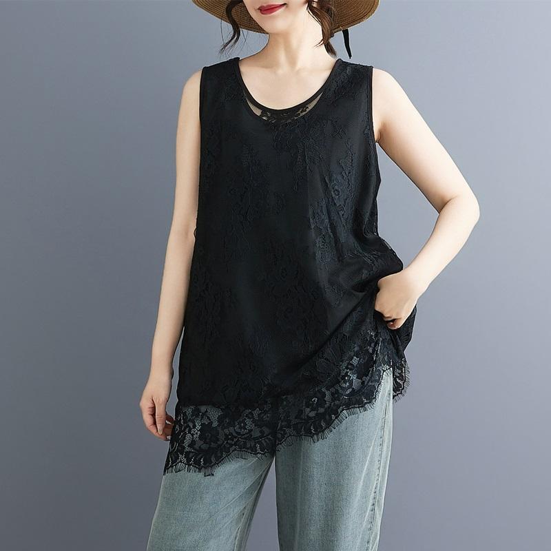 

Без рукавов Оверсайз кружева винтаж Повседневные свободные майки для женщин летняя футболка XXL чёрный
