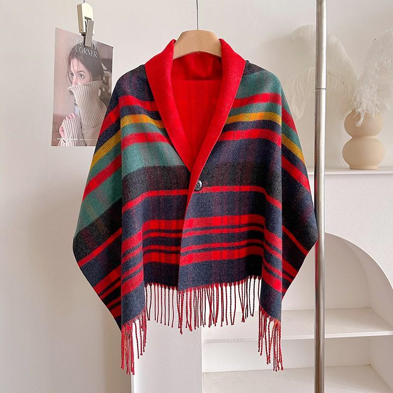 Womens Winter Plaid Shawl Scarf With Tassels Double-Sided Wool-Blend Wrap Warm Oversized Poncho Cold Weather