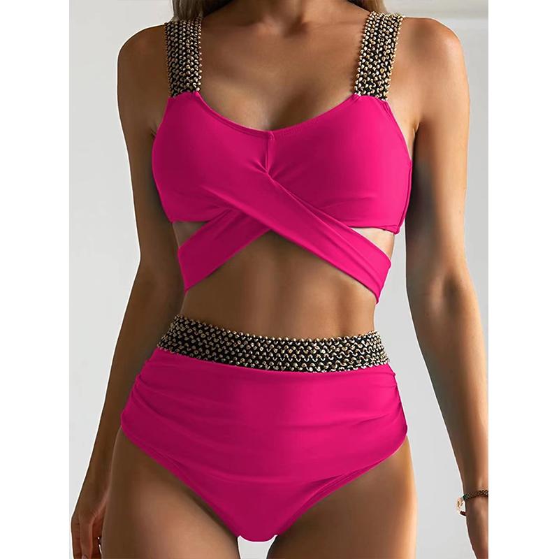 

Летний женский классический купальник с пуш-ап, комплект бикини с высокой талией, комплект из двух предметов, пляжная одежда, женский пляжный купальный костюм, купальный костюм L розовый