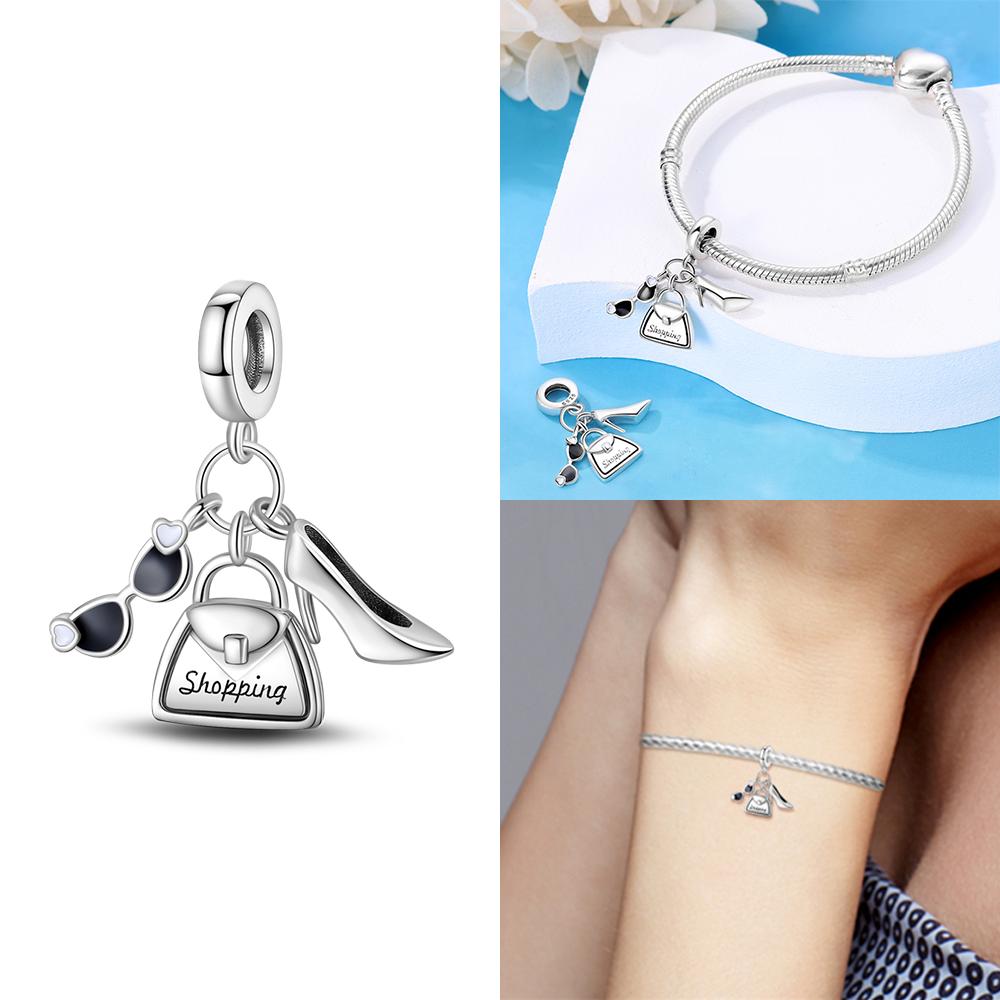 Original Black Dress High Heels Bag Lipstick Beads Fit Bracelet Charms Copper Women Jewelry Necklace Diy Gift