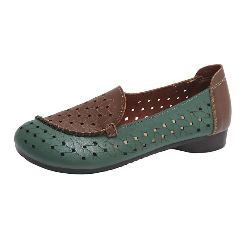 Spring and Summer New Retro Mother Single Shoes Women's Soft-soled Breathable Doudou Shoes Women's Shallow Mouth Hollow Hole Shoes Women