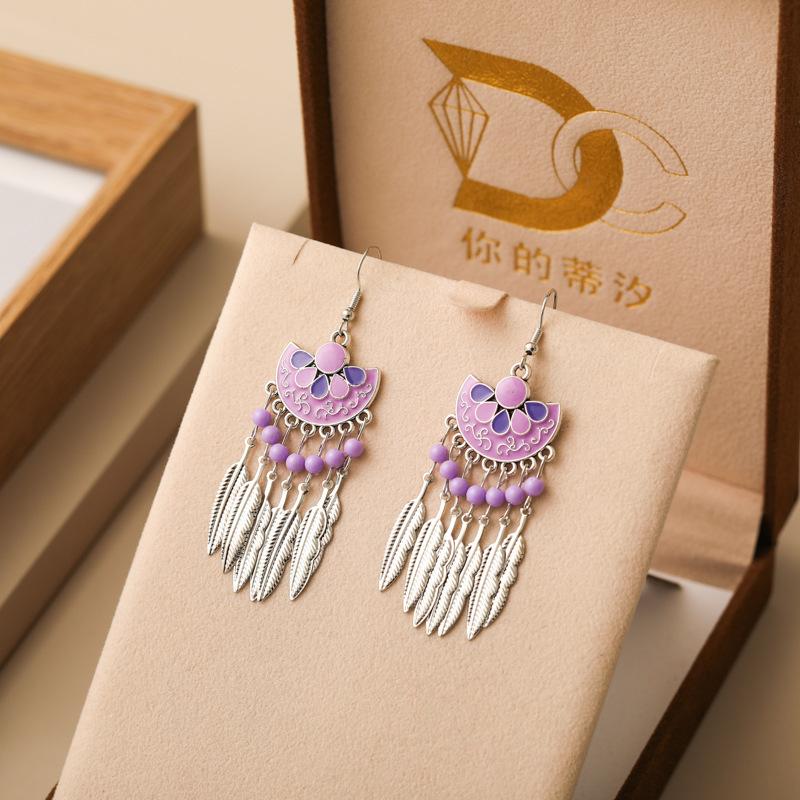 Fashion Bohemian Enameled Flower Geometric Earrings For Women Vintage Boho Ethnic Metal Leaf Tassel Drop Dangle Earrings Jewelry