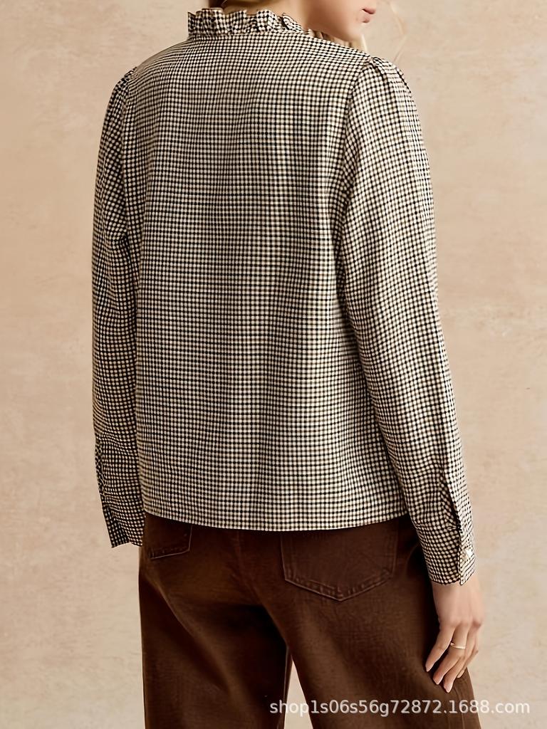 Houndstooth Ruffle Stand Collar Side-Opening Shirt for Commuting and Parties