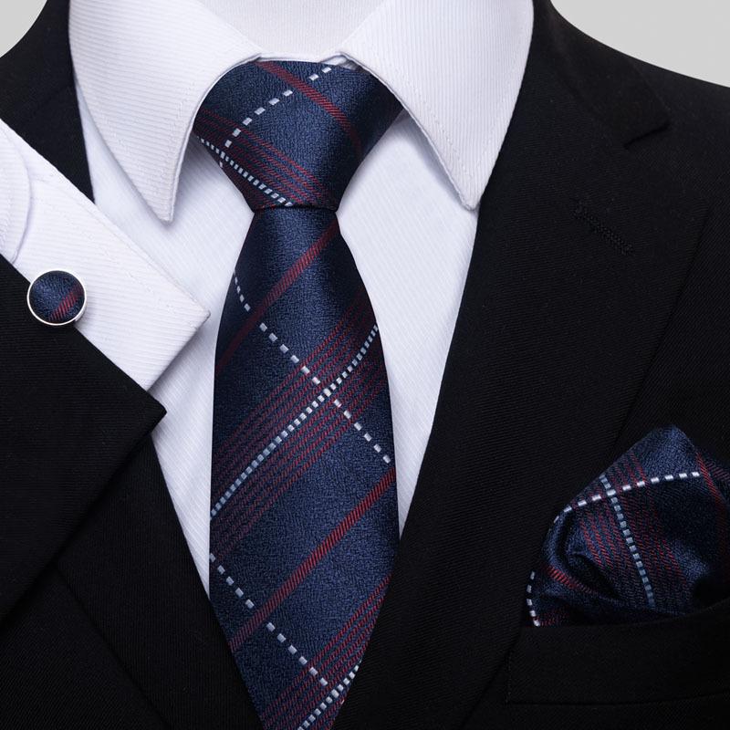 Men's 8cm Solid & Polka Dot Plaid Tie Set with Cufflinks & Pocket Square
