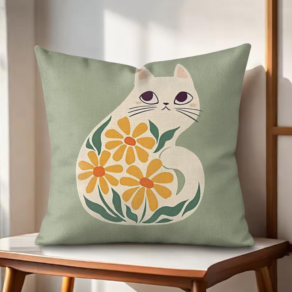 Boho Cats Art Cushion Cover Natural Linen Organic Fabric DoubleSided Printing Couch Pillow Covers Home Decor