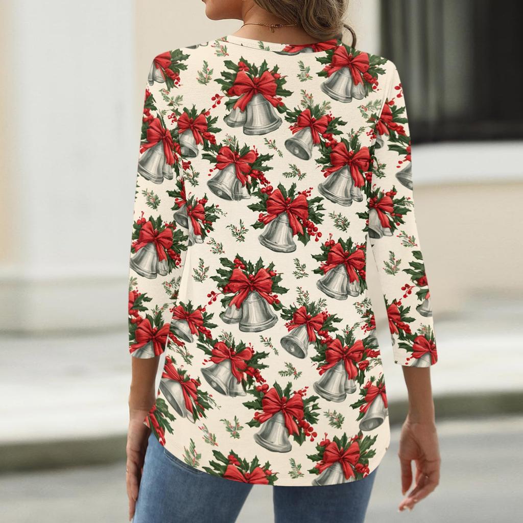 Women's Casual Christmas Print V-Neck 3/4 Sleeve Button-Front T-Shirt