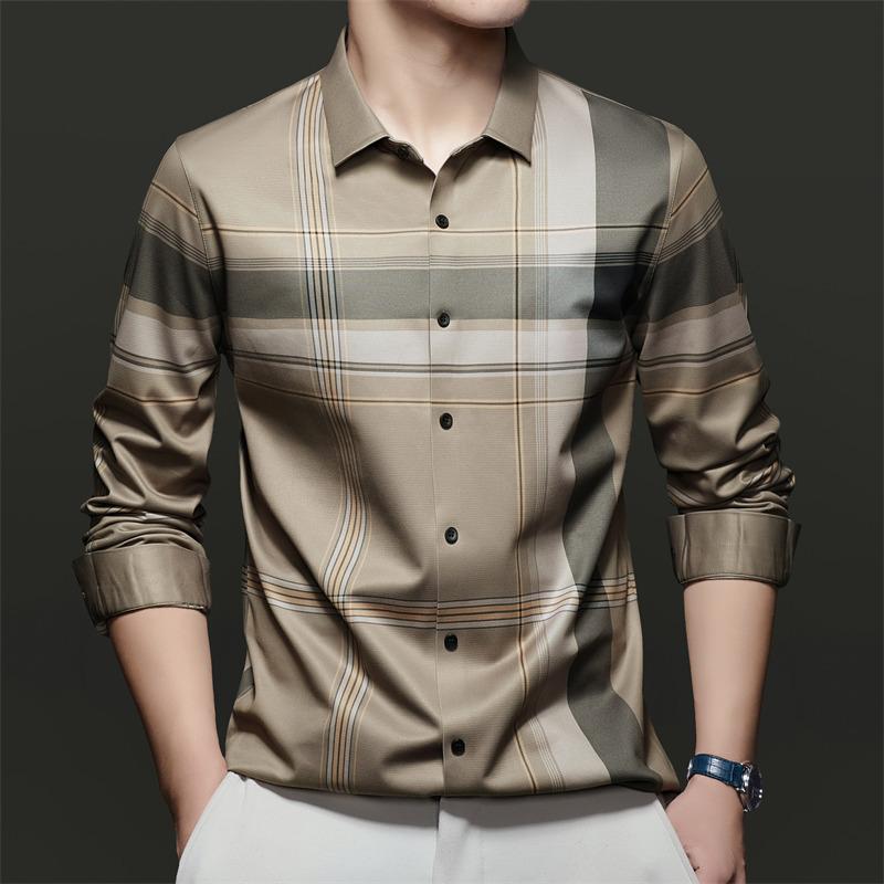 

Autumn and winter new products containing wool plaid long-sleeved men s lapel shirt middle-aged business casual bottoming shirt M хаки
