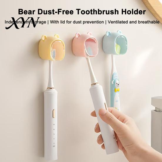 Space Saving Toothbrush Case Cute Bear Wall Mounted Holder with Dustproof Flip Cover, Single Dispenser Storage Organizer, Drill-free Electric/Manual