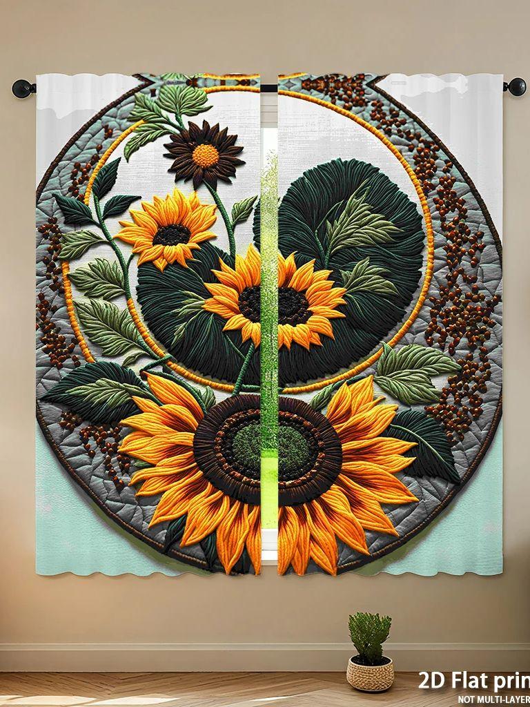 Piece Set High Definition Digital Printed Curtainsround Embroidery Sunflower Yellow Green Curtainhome Decoration Curtain Polyester With Rod Pocket